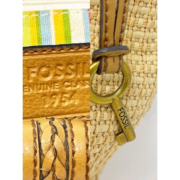 Vintage Fossil Tan Woven Straw Wood Handles Small Satchel Tote Bag Y2K 90’s Boho - Picture 10 of 10